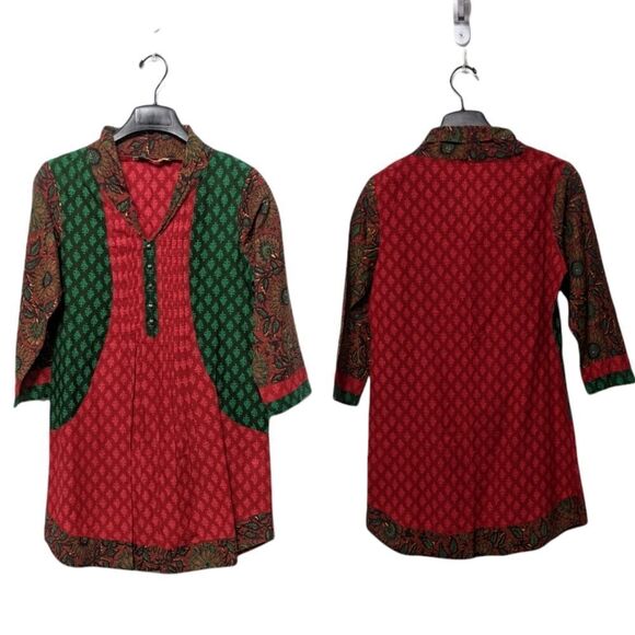GLOBAL DESI Floral Leaf Print Pintuck Tunic Top M - Picture 1 of 7
